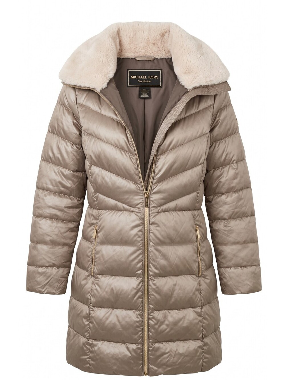 Michael Kors Womens Champagne Metallic Puffer Jacket Coat Faux Fur Collar Gold M